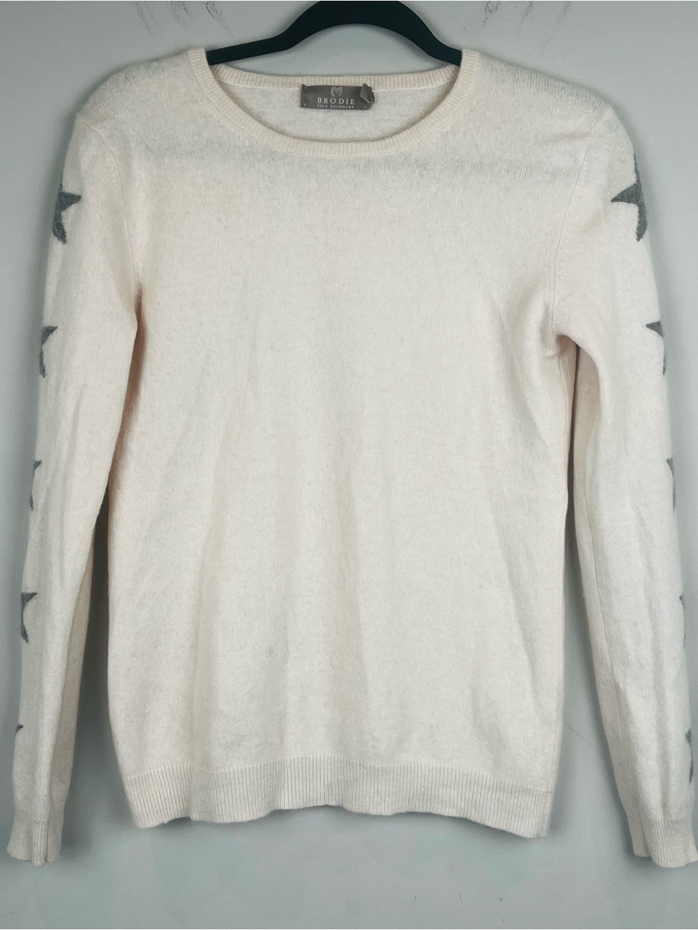 Brodie Fine Cashmere Northern Star Sleeve Crewneck Sweater Cream Gray Sz Medium